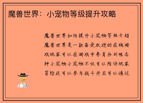 魔兽世界：小宠物等级提升攻略